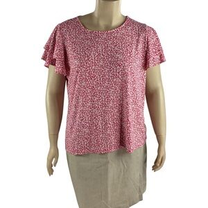 Adrianna Papell Ruffle Sleeve Floral Blouse Pink White 2X